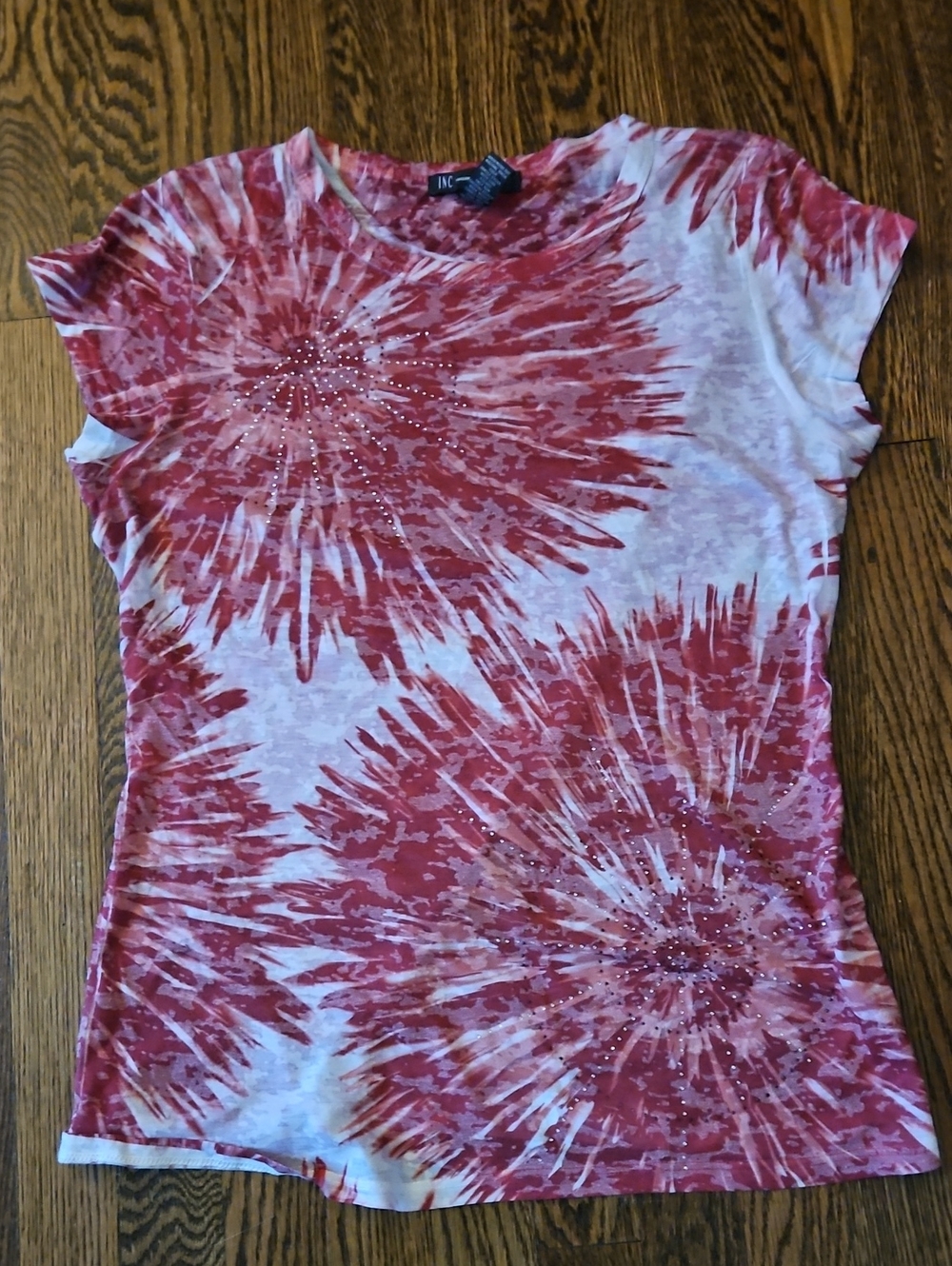 INC International Concepts Red-Pink Tie-Dye Short Sleeve Tee with Stud Accents